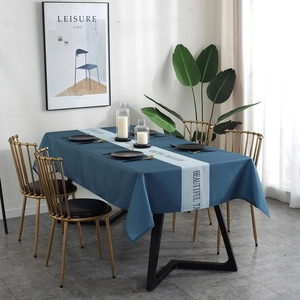 Nordic waterproof blue geometric table cloth with elegant decorative English text