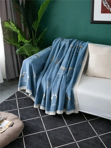 Detailed blue chenille sofa cover with deer patterns and white lace trim edge