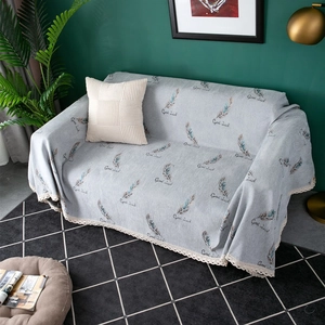 Thick chenille sofa cover with feather pattern and lace trim for living room decor