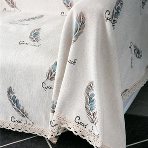 Beige thick chenille sofa cover with feather print, Good Luck text and lace edge trim