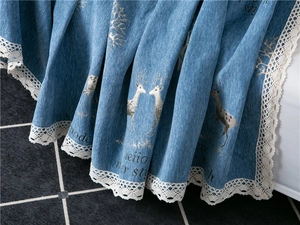 Detail of blue chenille sofa cover showing thick woven texture with white lace edges