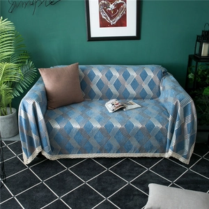 Thick chenille sofa cover with blue geometric rhombus jacquard and beige lace trim