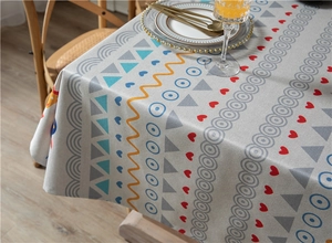 Close-up of thick polyester-cotton tablecloth with Nordic geometric prints and high texture