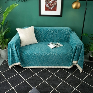 Thick chenille sofa cover with dark teal gold geometric patterns and lace trim decoration