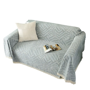 Thick chenille grey geometric leaf pattern sofa cover with elegant white lace trim