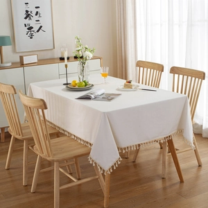 Modern Minimalist Solid White Thickened Tablecloth With Tassels And Pom-poms Polyester Cotton Table Cover For Dining Room