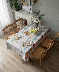 Detail of modern faux linen tablecloth featuring geometric patterns and floral motifs