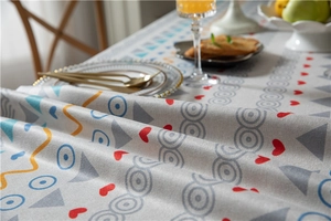 Detailed texture of thick cotton linen tablecloth with modern geometric pattern prints