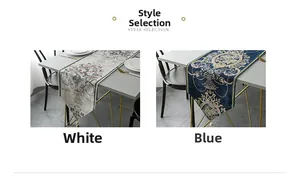 Detailed European jacquard table runner with fringe trim in blue and white floral patterns