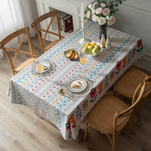 Modern rectangular thick linen-blend tablecloth with geometric patterns and floral motifs