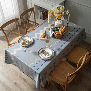 Modern minimalist rectangle tablecloth with geometric patterns on grey-blue linen fabric