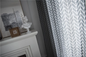 Close-up of modern grey herringbone geometric curtain with minimalist cotton blend fabric