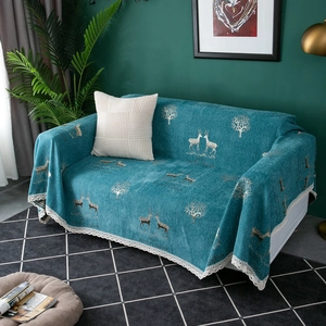 Thick peacock blue chenille sofa cover with deer pattern and elegant lace edges