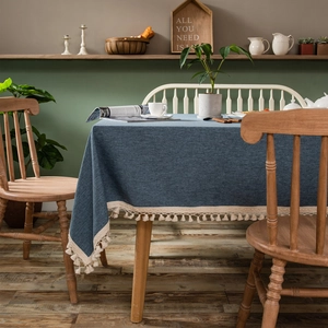 Blue-gray linen textured tablecloth with ivory tassel edges for rectangular tables