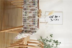 Close-up of bohemian style polyester tablecloth featuring colorful feather patterns