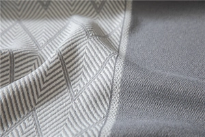 Detailed close-up of grey jacquard woven fabric with geometric patterns and fringe