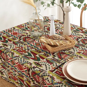 Bohemian geometric woven tablecloth with thick ethnic patterns on a set dining table