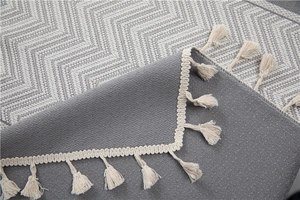 Close-up of jacquard wave pattern tablecloth showing detailed grey chevron weave and tassels