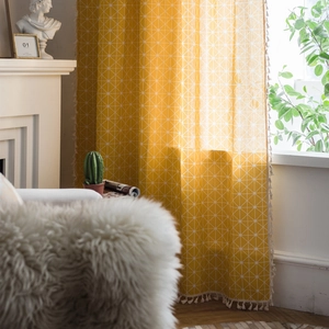 Yellow geometric diamond pattern curtain with off-white tassels for home decor
