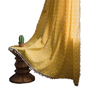 Yellow geometric checkerboard tassel curtain in minimalist polyester cotton for home decor