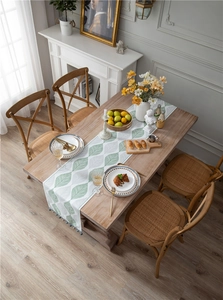 Close-up of chenille table runner featuring green leaf patterns and pom-pom tassel details