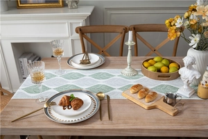 Detailed top view of modern chenille table runner with green leaf pattern and tassels