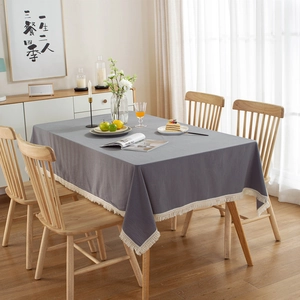Moderne dunkelgraue Baumwolltischdecke mit weißen Quasten für rechteckige Esstische