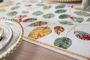 Close-up of chenille table runner featuring colorful leaf patterns and woven texture