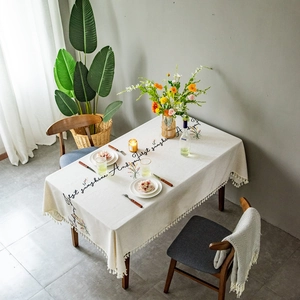 Embroidered Floral Tassel Tablecloth Polyester Linen Blend Rectangular Dining Table Cover Nordic Style Home Decoration