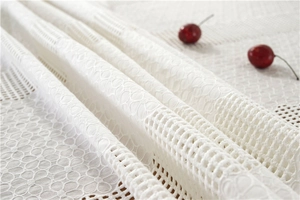 Close-up detail of white French lace tablecloth with floral embroidery and openwork mesh