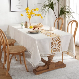 Nordic Minimalist Polyester Linen Blend Tablecloth Rectangular Printed Tassel Dining Table Cloth Coffee Table Cover