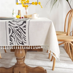 Modern rectangle tablecloth with embroidered zebra stripes and beige cotton tassels