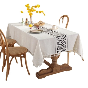 Modern rectangular cream tablecloth with zebra stripes and white tassels for dining room
