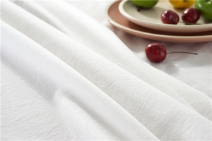 Detailed macro view of white cotton tablecloth fabric with delicate lace and texture