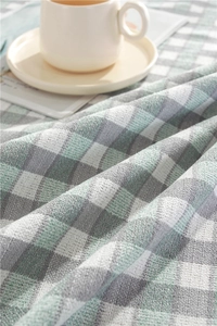 Detail of grey and green plaid tablecloth with woven texture and elegant fringe