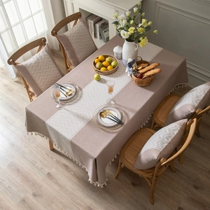 Morandi grey-pink jacquard tablecloth with wave textures and elegant white fringes