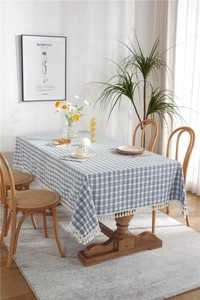 Detailed close-up of blue and white plaid tablecloth with elegant white fringe tassels