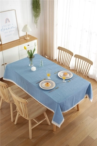 Close-up of sky blue polka dot tablecloth with exquisite white lace floral edging
