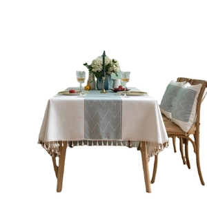 Rectangle tablecloth with geometric waves, integrated runner and tassel fringe edges