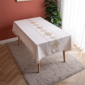 Rectangular Polyester Linen Tablecloth Embroidery Lucky Cloud Pattern Elegant Tassel Trim For Dining Table Home Decor