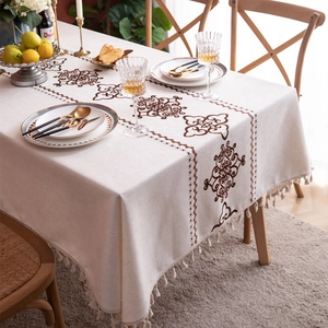 Rectangle cream cotton linen tablecloth with brown floral embroidery and fringe trim