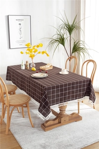 Detail of dark brown plaid tablecloth featuring large white checks and fringed edges