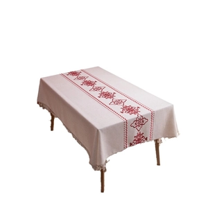 Rectangle beige table cloth with red embroidery and tassel fringe for coffee table