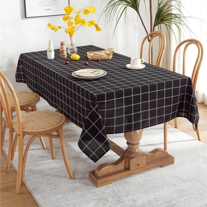 Modern black and white grid cotton polyester tablecloth with elegant drape for dining tables