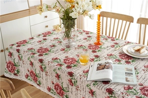 Detailed close-up of vintage rose lace tablecloth with elegant floral patterns