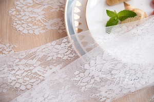 Close-up of white floral eyelash lace tablecloth on an elegant dining table set
