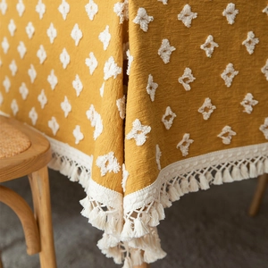 Boho style yellow jacquard tablecloth with white tufted diamonds and fringe tassels