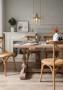 Close-up of geometric jacquard chenille table runner with wooden furniture detail