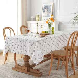 Pastoral style white cotton rectangle tablecloth with black floral jacquard pattern