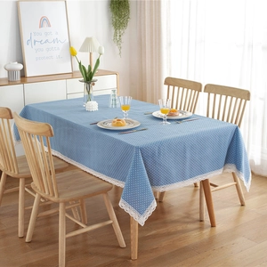 Blue polka dot tablecloth with white lace edges for rectangular dining tables